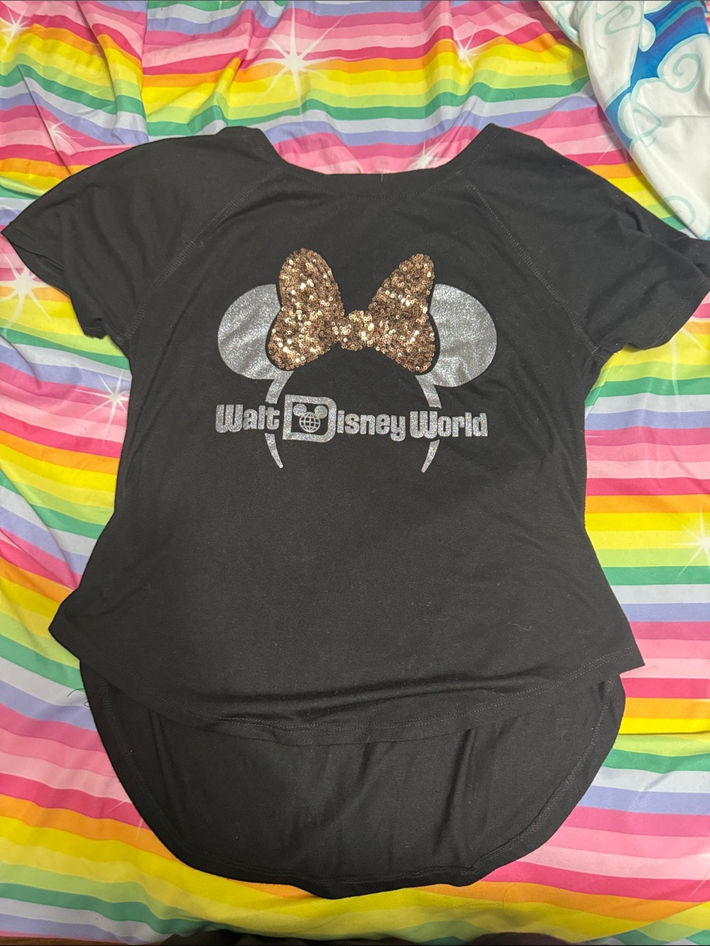 Disney Black Walt Disney World Tee with Gold Sequin Bow
